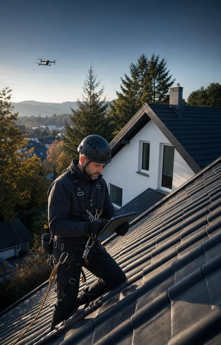 Fachplaner analysiert ein deutsches Hausdach mit Tablet und Vermessungsdrohne