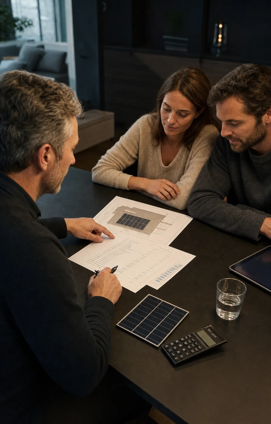 Beratung zu einem transparenten Photovoltaik-Festpreisangebot mit Dachplan
