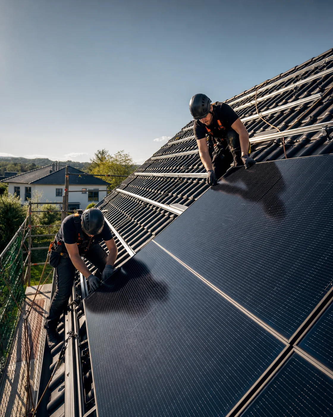 Gesichertes Montageteam installiert schwarze Photovoltaikmodule auf einem Ziegeldach