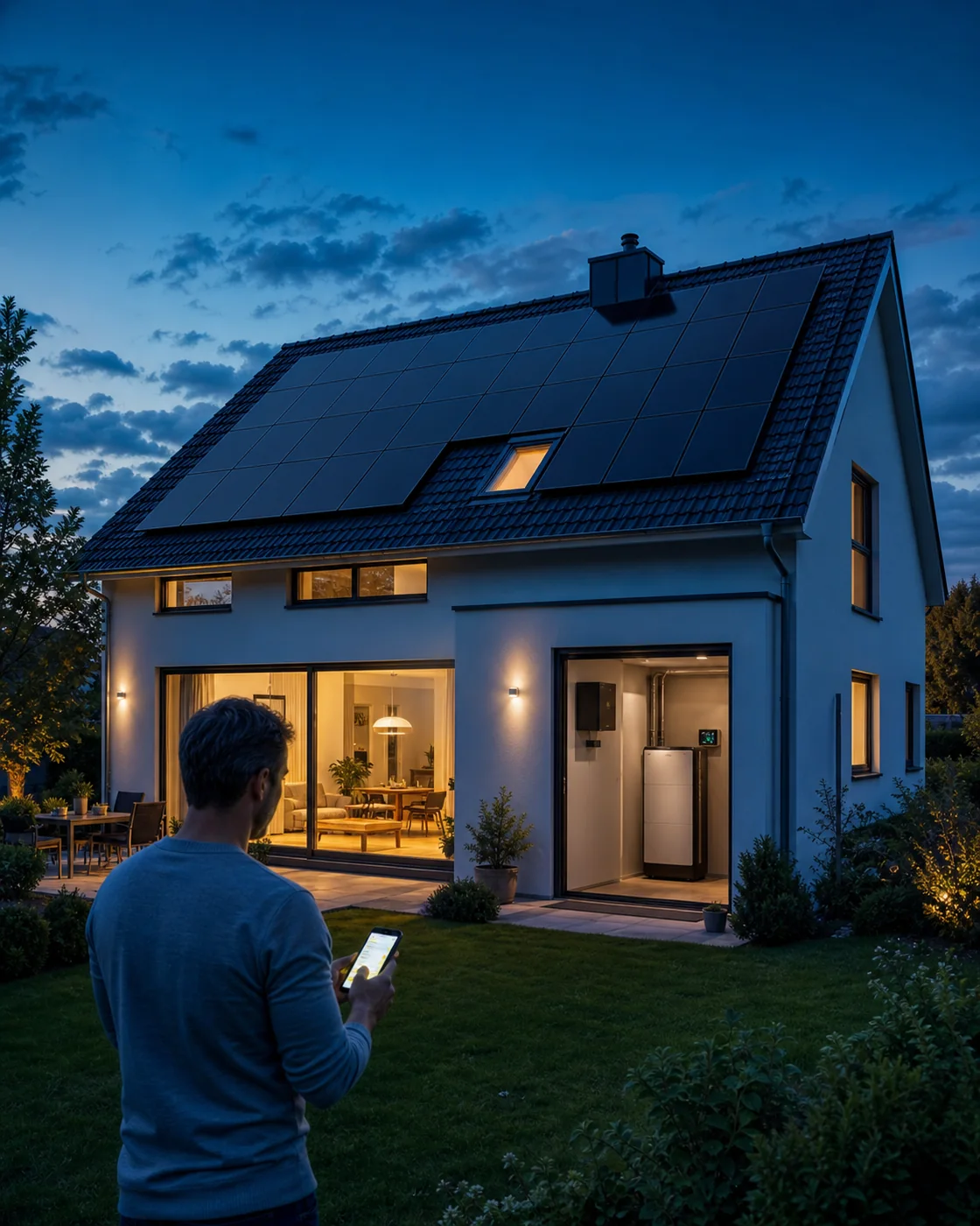 Fertiges Photovoltaikhaus mit Stromspeicher am Abend